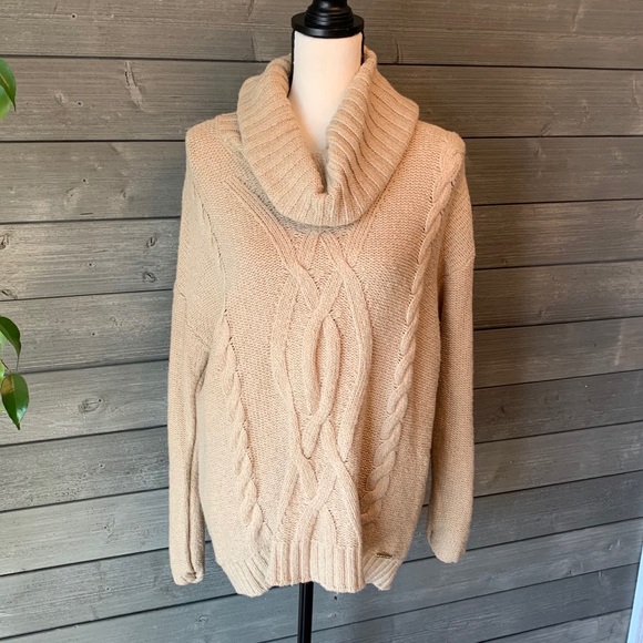 Michael Kors tan cowl neck cable knit sweater lg